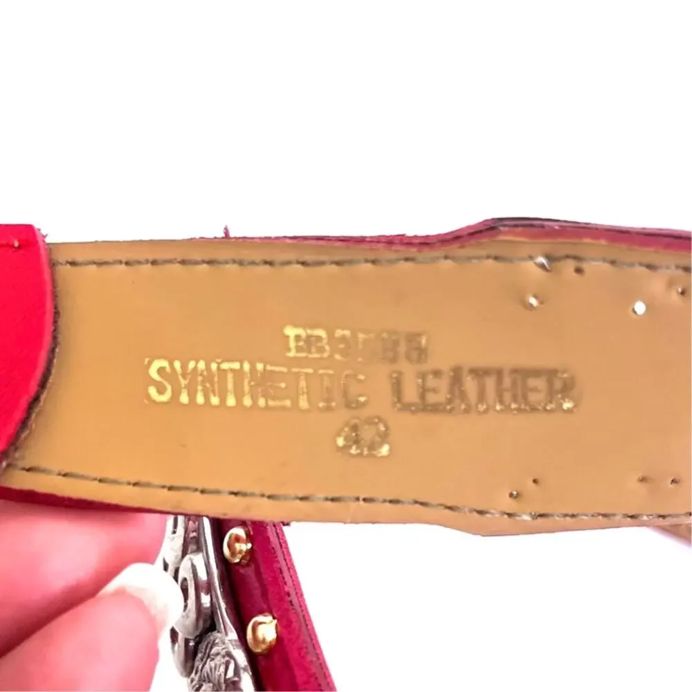 Vintage Womens Western Studded Lion‎ Belt 42 Red Faux Leather Concert Festival